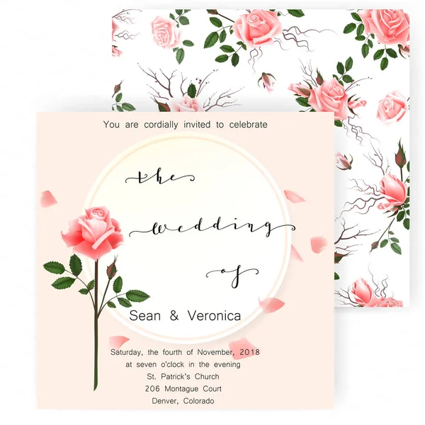 Enregistrer la carte de date, invitation de mariage, carte de voeux avec de belles fleurs de roses et des lettres — Image vectorielle