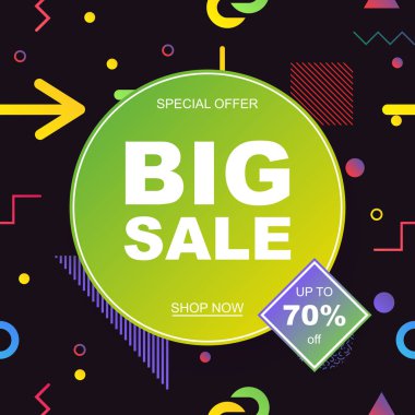 Satış banner şablon tasarımı. Geometrik desen Memphis tarzı, 80'li 90'lı yılların. Eps10 vektör çizim.