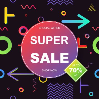 Satış banner şablon tasarımı. Geometrik desen Memphis tarzı, 80'li 90'lı yılların. Eps10 vektör çizim.