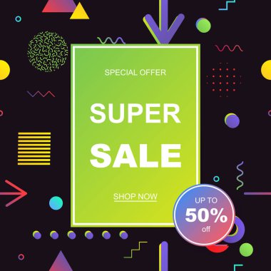 Satış banner şablon tasarımı. Geometrik desen Memphis tarzı, 80'li 90'lı yılların. Eps10 vektör çizim.