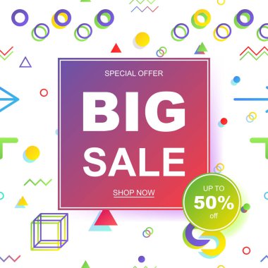 Satış banner şablon tasarımı. Geometrik desen Memphis tarzı, 80'li 90'lı yılların. Eps10 vektör çizim.