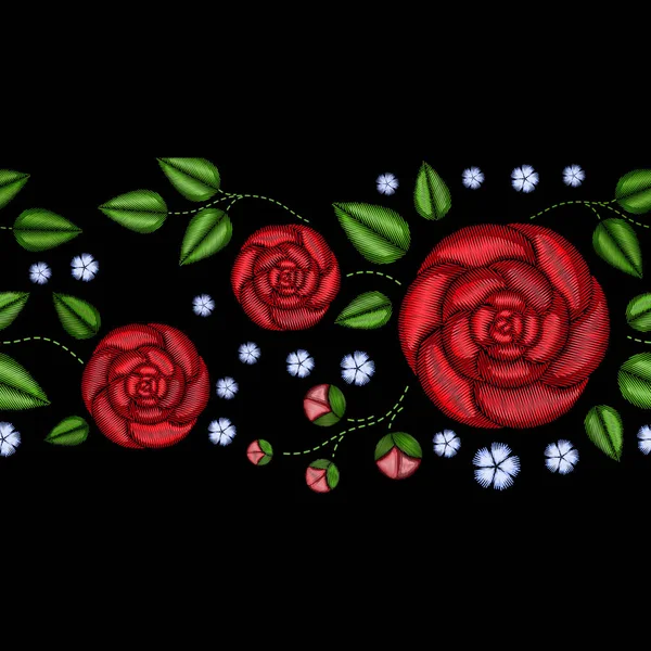 Bordado horizontal colorido patrón sin costura floral. rosas populares tradicionales del perro y olvidarme no flores ornamento sobre fondo negro . — Vector de stock