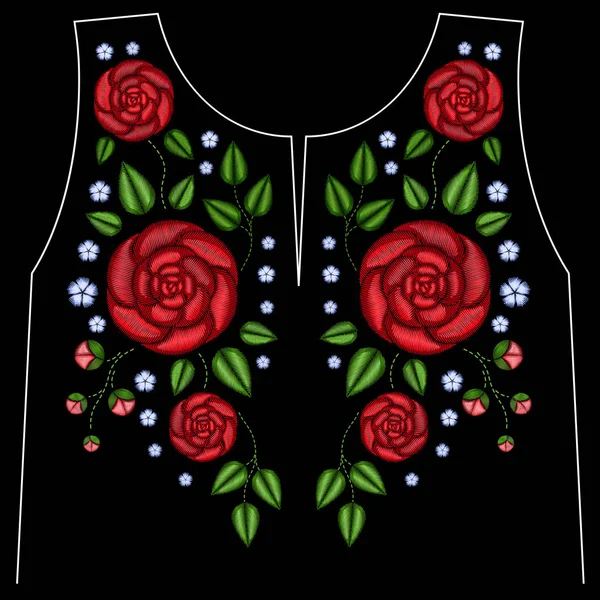 Bordado étnico flores cuello línea flor diseño gráficos moda usar — Vector de stock