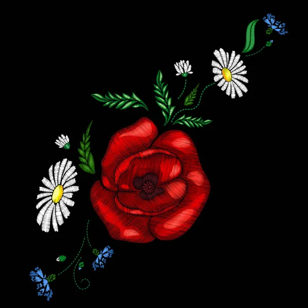 Bordado poppies flores. Patch para mulheres, t-shirts de raparigas. Ilustração vetorial. EPS10 — Vetor de Stock