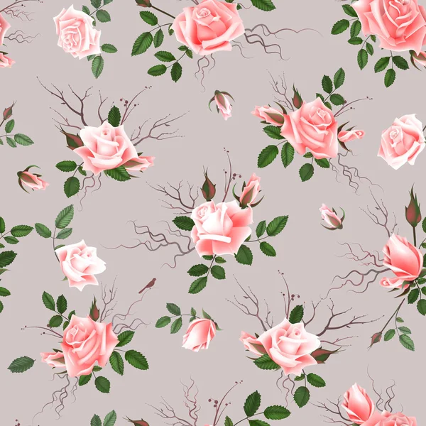 Vintage Floral Seamless Background with Blooming pink Roses, Vector Illustration — Stock Vector