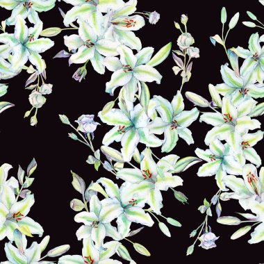 Beyaz arka plan üzerinde renkli lilyum çiçek ile Seamless modeli. Düğün davetiyeleri ve tebrik kartı tasarımı için çiçek çiçek açan suluboya kümesi