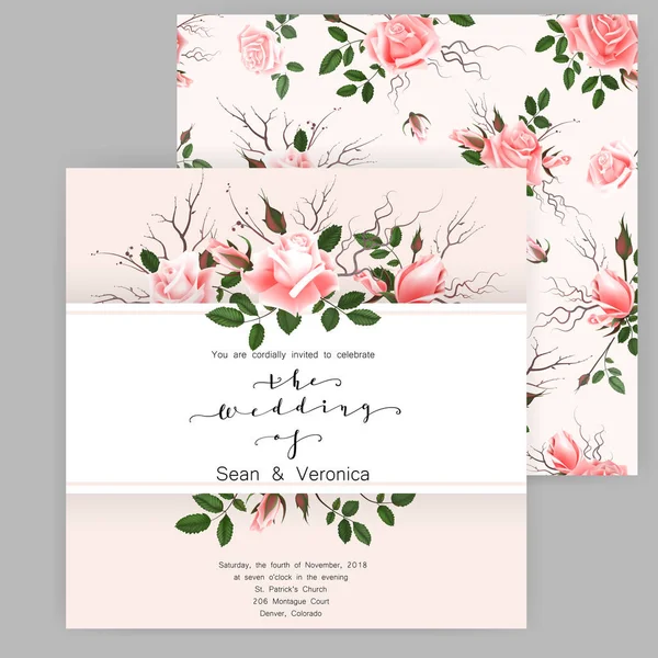 Guardar la tarjeta de fecha, invitación a la boda, tarjeta de felicitación con hermosas rosas flores y cartas — Vector de stock