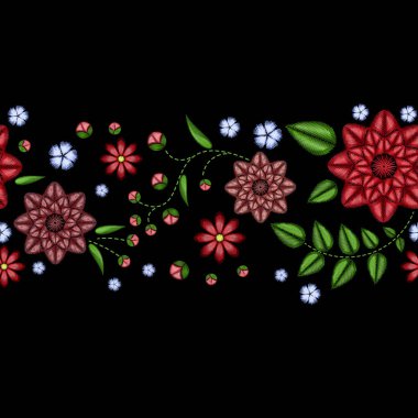 Nakış yatay renkli çiçek seamless modeli. geleneksel halk gül köpek ve siyah arka plan üzerine değil çiçek süsleme unut beni.