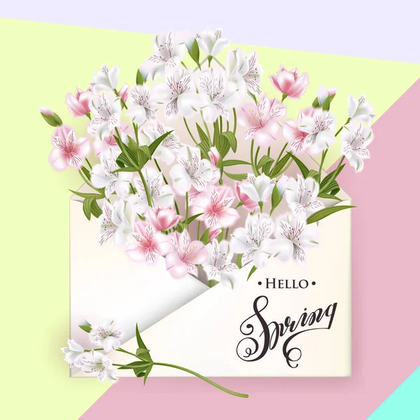 Envelope kraft colorido desenhado à mão isolado com flores, ilustração vetorial — Vetor de Stock