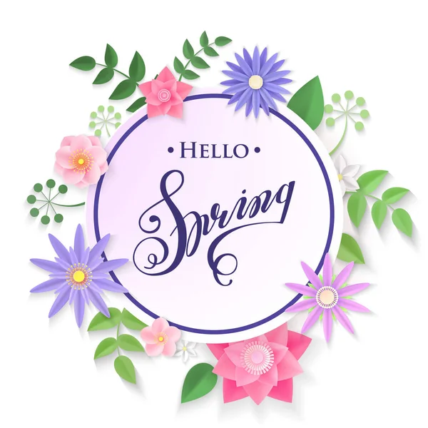 Hola ilustración vector primavera. Papel realista flores de primavera y hojas aisladas sobre fondo blanco. Elemento decorativo floral redondo para diseño . — Vector de stock