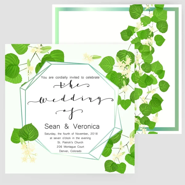 Salve o cartão de data, convite de casamento, cartão de saudação com belas flores, folhas verdes de tília e cartas — Vetor de Stock