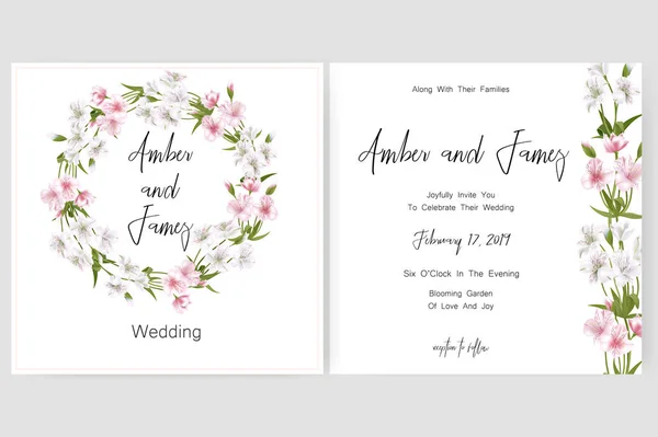 Speichern Sie die Datumskarte, Hochzeitseinladung, Grußkarte mit schönen Alstroemeria Blumen und Buchstaben — Stockvektor