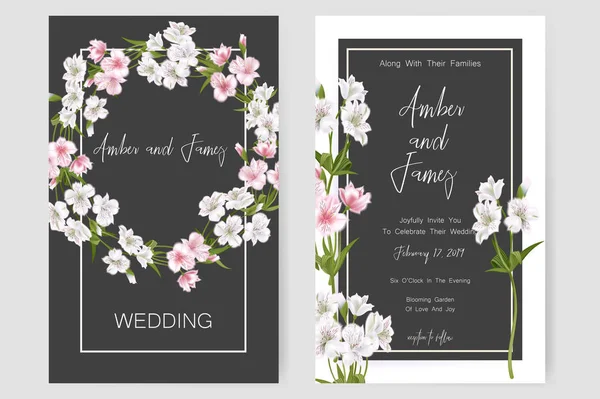 Зберегти дата картка, весільні запрошення, листівки з красивими квітами Alstroemeria та літерами — стоковий вектор