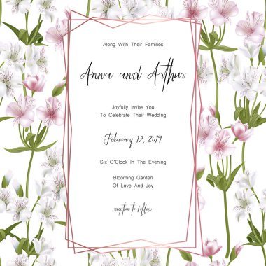 Güzel Alstroemeria çiçekler ve harfler ile tarihi bildirimi kartı, düğün davetiye, tebrik kartı kaydetmek