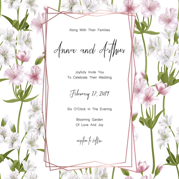 Guarde la tarjeta de fecha, invitación a la boda, tarjeta de felicitación con hermosas flores y cartas de la Alstroemeria — Archivo Imágenes Vectoriales
