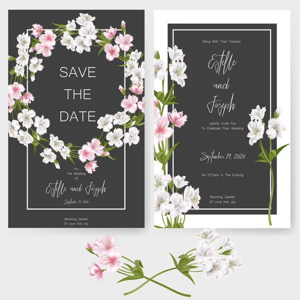 Зберегти дата картка, весільні запрошення, листівки з красивими квітами Alstroemeria та літерами — стоковий вектор