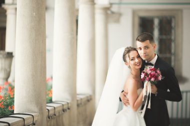 Güzel, mutlu bir düğün çifti, güzel şehirde uzun beyaz elbiseli bir gelin.