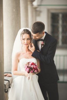 Güzel, mutlu bir düğün çifti, güzel şehirde uzun beyaz elbiseli bir gelin.