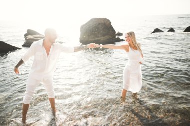 Deniz, mavi gökyüzü yakınındaki taş poz romantik sevgi dolu Çift