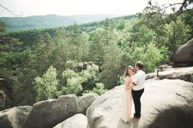 Muhteşem gelin, damat öpüşme ve sarılma Gösterim çarpıcı uçurum yakın: