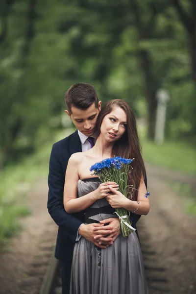 Krásný mladý pár, dívka s perfektní šaty pózuje v parku — Stock fotografie