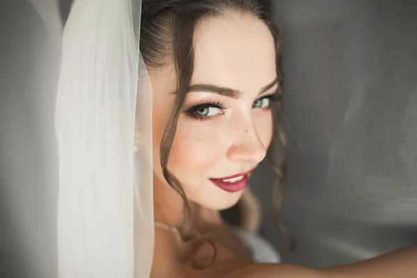 Retrato de novia hermosa con velo de moda en la mañana de la boda. — Foto de Stock