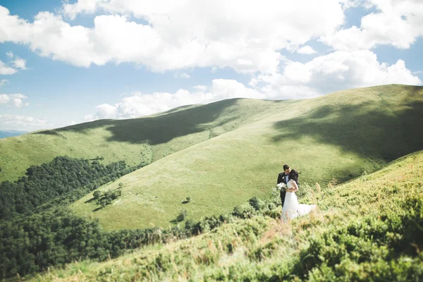 Joven pareja recién casada, novia y novio besándose, abrazándose a la vista perfecta de las montañas, cielo azul —  Fotos de Stock