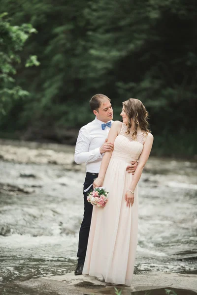 Piękna para ślubna całująca się i obejmująca brzeg górskiej rzeki z kamieniami — Zdjęcie stockowe