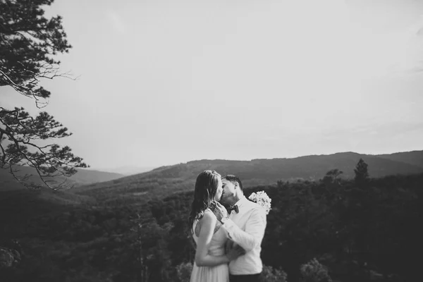 Весільна пара в любові цілується і обіймається біля скель на красивому пейзажі — стокове фото