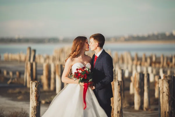 Bruiloft paar, bruidegom, bruid met boeket poseren in de buurt van de zee op zonsondergang — Stockfoto