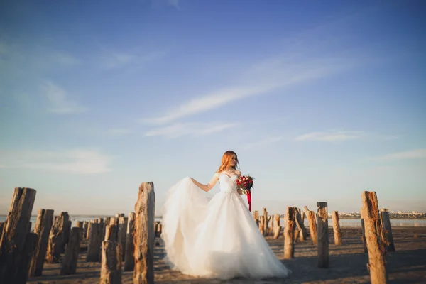 Bella signora, sposa in posa in un abito da sposa vicino al mare al tramonto — Foto Stock