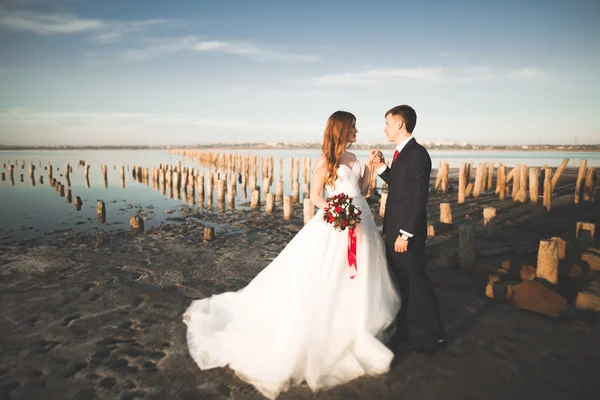 Casal de casamento jovem bonito, noiva e noivo posando perto de postes de madeira no fundo do mar — Fotografia de Stock