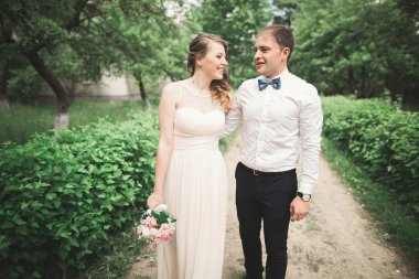 Lüks düğün çift, gelin ve damat parkta poz evli