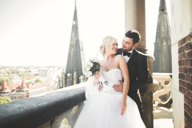 Muhteşem bir düğün çifti eski Lviv şehrinde yürüyor.