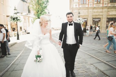 Mükemmel bir çift gelin ve damat düğün günlerinde poz verip öpüşürler.