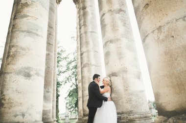 Güzel, romantik bir düğün. Yeni evliler. Eski kalenin yakınlarında sarılıyorlar.