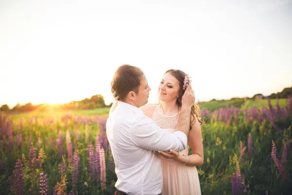 Bruden och brudgummen, rissing vid solnedgången på ett vackert fält med blommor, romantiska gift par — Stockfoto
