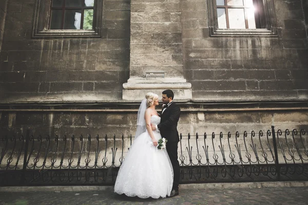 Casamento de luxo casal, noiva e noivo posando na cidade velha — Fotografia de Stock