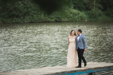 Sevimli gelin, dağlar ve günbatımı manzara Gölü üzerinde zarif damat. Muhteşem Düğün çifti