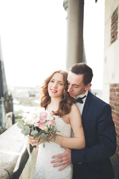 Stylish beautiful wedding couple kissing and hugging on background panoramic view of the old town — Stock Photo, Image