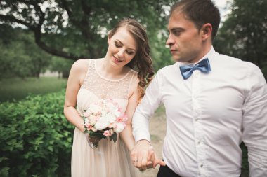 Lüks düğün çift, gelin ve damat parkta poz evli