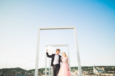 Sevgi dolu birkaç arka plan üzerinde batan güneşin. Yeni evli. Gün batımında yürümek