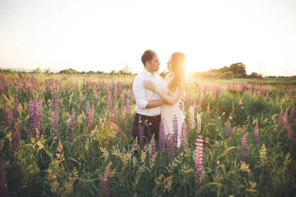 美丽的新婚夫妇，爱在日落。字段与花 — 图库照片