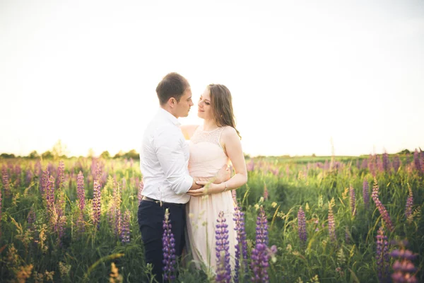 Beau couple, mariée, marié baisers et câlins dans le champ coucher de soleil — Photo