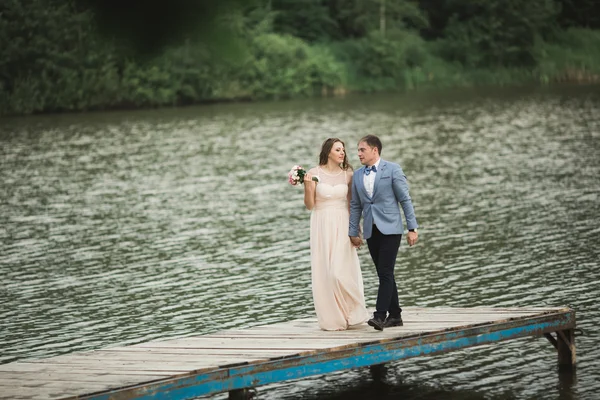 Elegante elegante novio con su hermosa novia morena feliz en el fondo de un lago — Foto de Stock