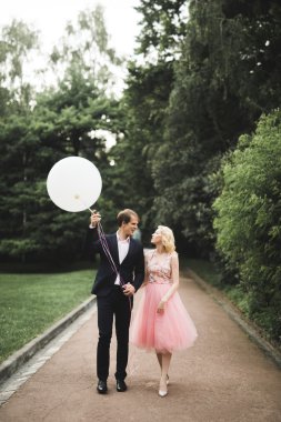 Sevgi dolu birkaç arka plan üzerinde batan güneşin. Yeni evli. Gün batımında yürümek