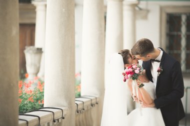 Güzel, mutlu bir düğün çifti, güzel şehirde uzun beyaz elbiseli bir gelin.