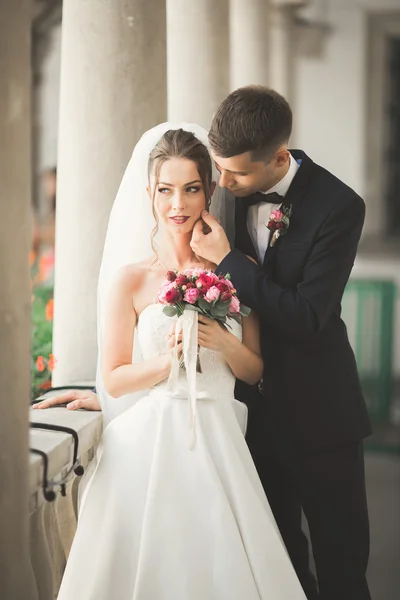 Lovely happy wedding couple, bride with long white dress posing in beautiful city — Stock Photo, Image