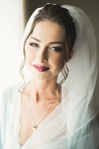 Портрет красивої нареченої з модною фатою на весіллі вранці . — стокове фото