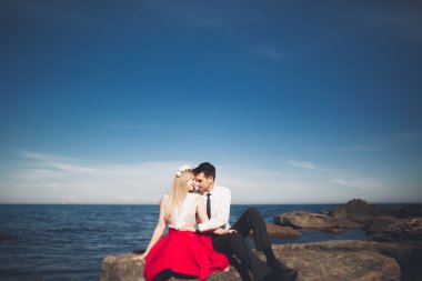 Sevimli gelin, manzara, dağlar ve denizin muhteşem Düğün çifti üzerinde zarif damat